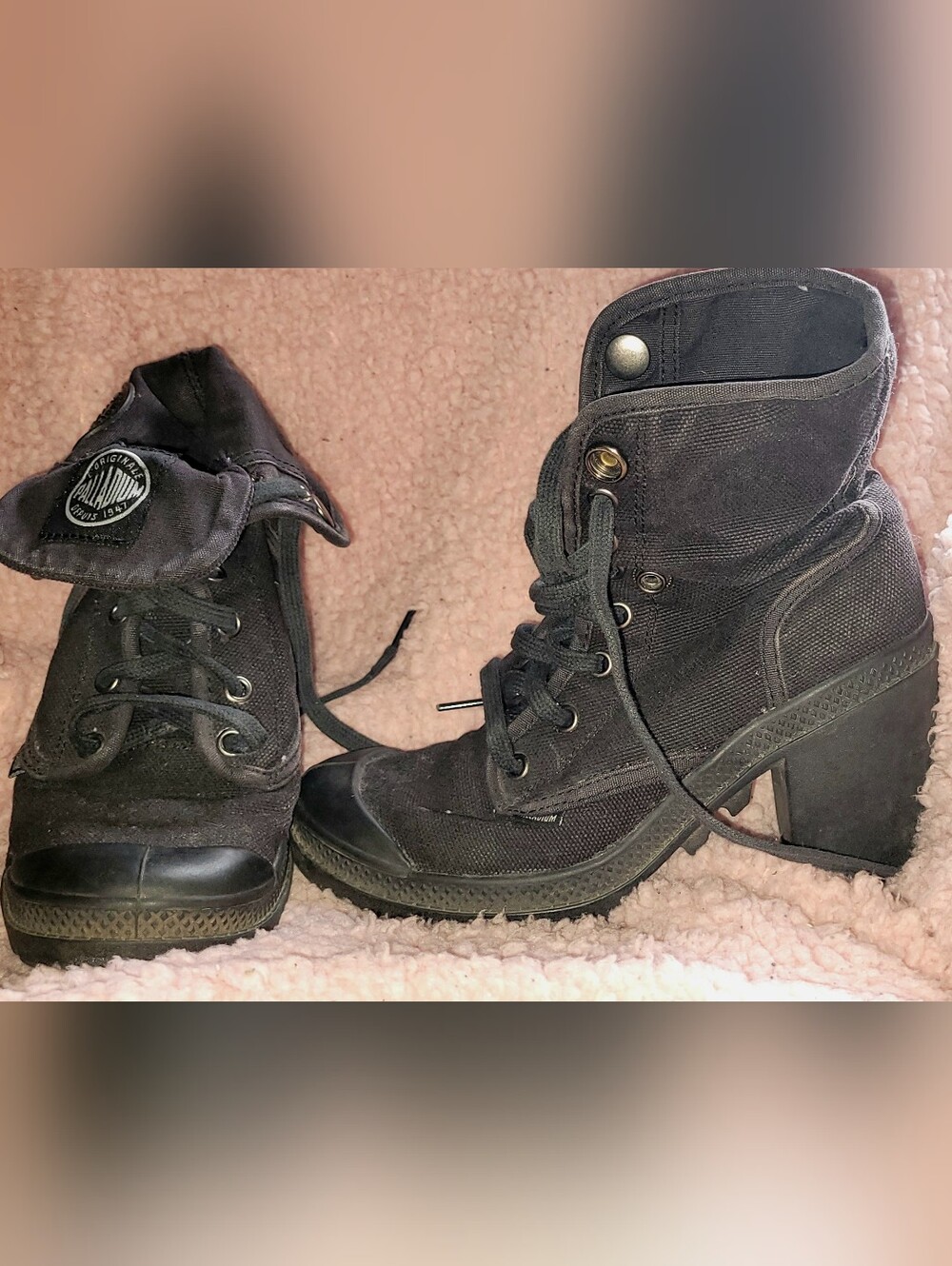 Palladium Black Lace-Up Canvas Ankle Boots with Block Heel